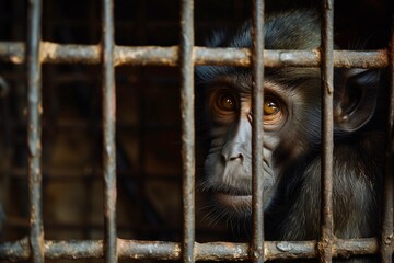 Naklejka premium A monkey trapped in an iron cage, its sad eyes evoking empathy, Wildlife Animals, Generative AI.