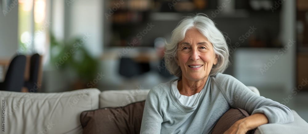 Poster Image of an elderly woman in casual attire happily sitting on a couch indoors