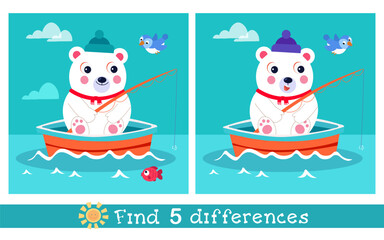 Cute flat polar bear fishing on boat. Find 5 differences. Educational puzzle game for children. Cartoon funny animals. Vector illustration.