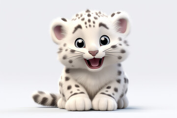 Snow Leopard cub on a white background. Adorable 3D cartoon animal portrait.