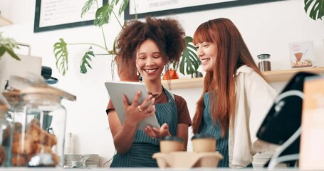 Women, teamwork or tablet for coffee shop barista or online order or website in cafe or startup. Small business owner, talking or waiter with technology for stock inventory or price menu checklist - Powered by Adobe