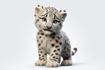 Snow Leopard cub on a white background. Adorable 3D cartoon animal portrait.