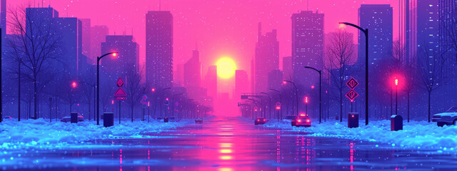 Luminous Echoes: A Surreal Tale of a City Street Immersed in a Pink Twilight