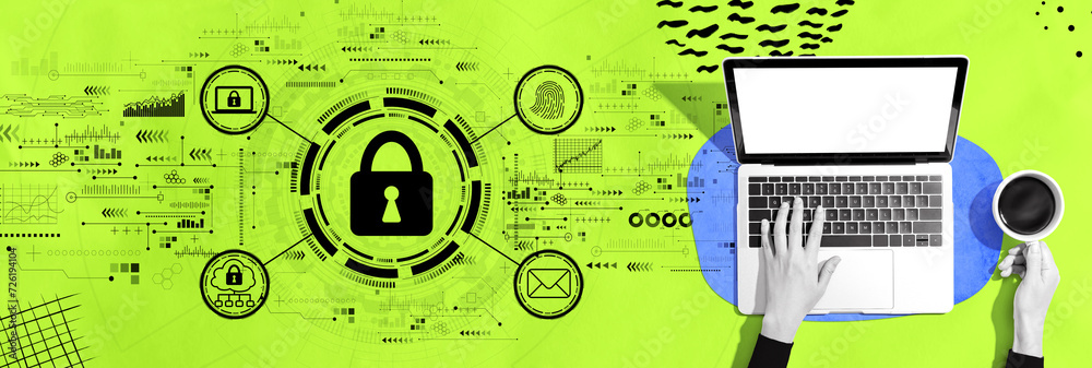 Poster internet network security concept with person using a laptop computer