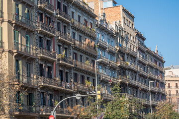 Typical old apartment buildings seen in Barcelona, Spain