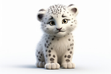 Obraz premium Snow Leopard cub on a white background. Adorable 3D cartoon animal portrait.