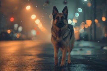 A big German Shepherd dog runs along the road at night with beautiful lights. - obrazy, fototapety, plakaty