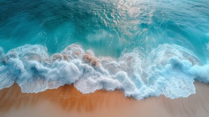 Aerial view of ocean waves breaking on sandy beach. 3D Rendering - Generative AI