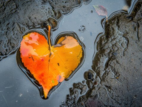 Bright vibrant fallen leaf in heart shape in puddle, top view, close up photo