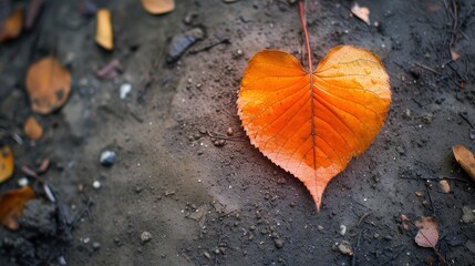 Bright vibrant fallen leaf in heart shape on dirty surface, top view, close up photo
