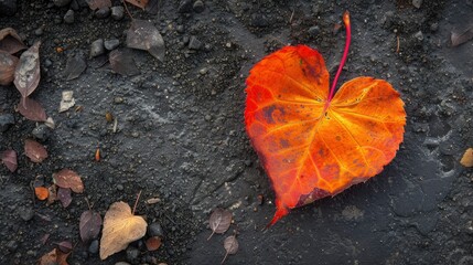 Bright vibrant fallen leaf in heart shape on dirty surface, top view, close up photo