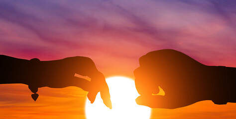 Silhouette of couple's arms holding hands at sunset. Celebrate Valentines Day. 3d illustration