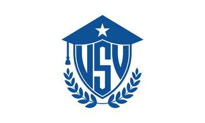 USV three letter iconic academic logo design vector template. monogram, abstract, school, college, university, graduation cap symbol logo, shield, model, institute, educational, coaching canter, tech