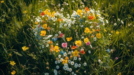 Colorful, delicate flowers form a heart shape in a summer meadow, top view, beautiful sunny day