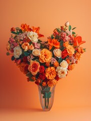 Obraz premium Fantastic lush and bright heart shaped flower bouquet standing in the vase, isolated on colored background