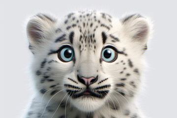 Obraz premium Snow Leopard cub on a white background. Adorable 3D cartoon animal close-up portrait.