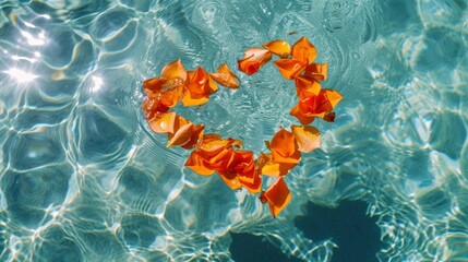 Flower petals form a heart shape on the surface of clear water, top view, close up photo, beautiful sunny day