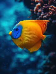 Multicolored tropical fish form a heart shape swimming underwater, diving, vivid underwater photo