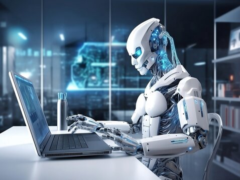 Futuristic robot with computer in office