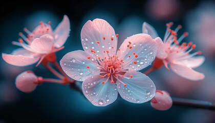 Delicate cherry blossoms capture the soft glow of light, highlighting their intricate beauty and springtime splendor..