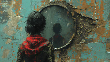  Woman looking at reflection in mirror. Self reflection, introspection, subconscious and inner shadow  concept
