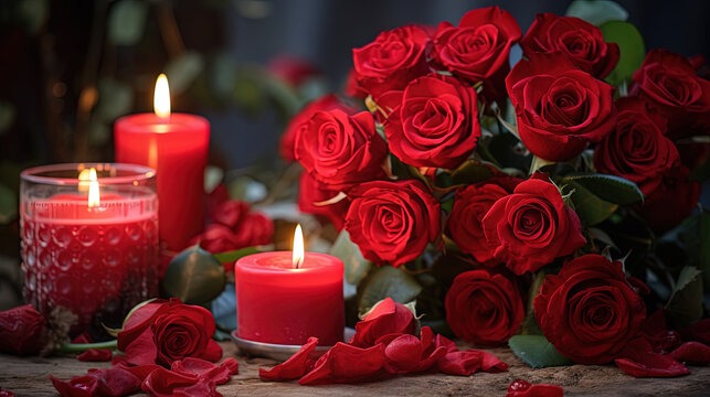 candles, roses and rose petals in a room. Valentine's day special. Created with Ai
