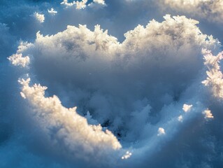 Fototapeta premium Snow crystals form a heart shape on the icy surface, close up photo, top view, sunny winter day