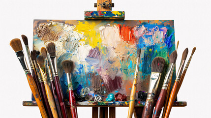 Fototapeta premium A Vibrant Display of Artistry: Paint Brushes and a Colorful Palette on an Easel Capturing the Essence of Creative Expression - A Perfect Scene for Art Enthusiasts and Home Decor Inspiration