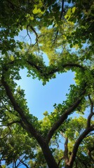 Thick and lush tree branches form a heart shape through which you can see the beautiful blue sky, summer day, forest, bottom up view
