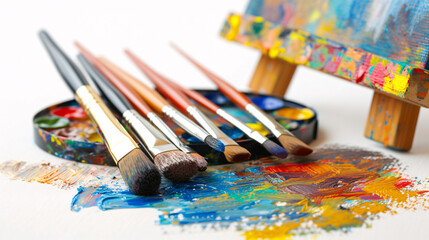Fototapeta premium A Colorful Display of Art Supplies: Paint Brushes, Palette, and Canvas Covered in Vibrant Paints for the Inspired Artist - A Perfect Scene for Art Enthusiasts and Home Decor Inspiration