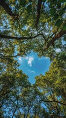 Obraz premium Thick and lush tree branches form a heart shape through which you can see the beautiful blue sky, summer day, forest, bottom up view