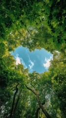 Obraz premium Thick and lush trees form a heart shape through which you can see the beautiful blue sky, summer day, forest, bottom up view