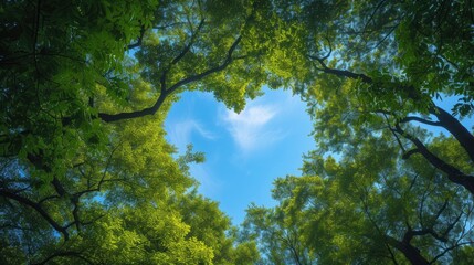 Thick and lush tree branches form a heart shape through which you can see the beautiful blue sky, summer day, forest, bottom up view