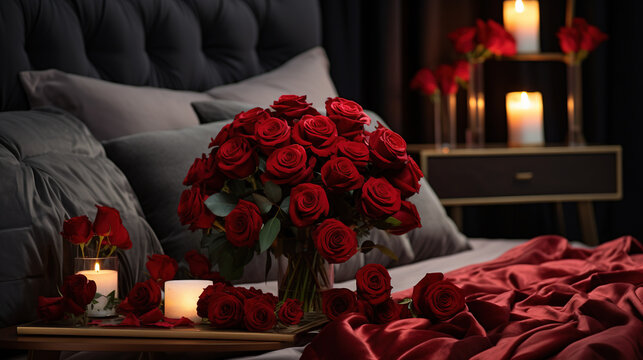 Red rose and candles in a bedroom with pillow, Valentine's day background. Created with Ai