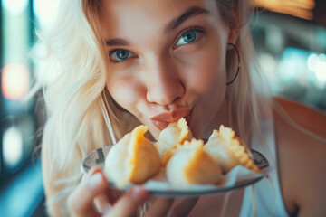 Photo of attractive blonde woman with love to food polish pierogi