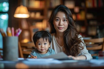 Obraz premium Asian mothers who are trying to work from home and raise their children at the same time are stressed about finances and working with their children at home.