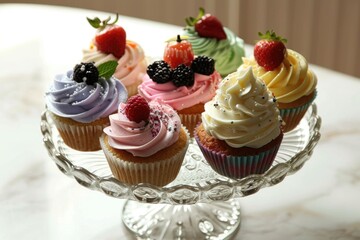 Assorted cupcakes on white stand.