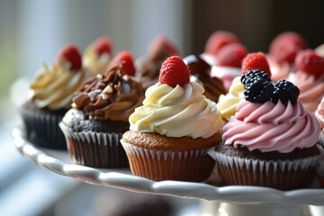 Assorted cupcakes on white stand.