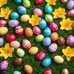 Fototapeta na wymiar Easter flat lay of colourful chocolate easter eggs on grass surrounded by spring daffodils