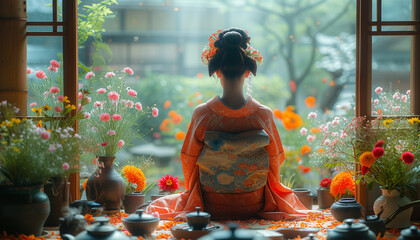 A serene geisha in an ornate kimono carefully conducts a traditional Japanese tea ceremony in a tranquil room adorned with spring flowers.