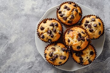 Chocolate chip muffins on gray plate.