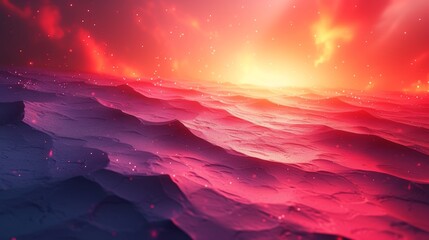 3D illustration of a surreal landscape with mountains and the sun. - Generative AI