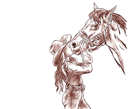 cowgirl kissing a horse digital art for card decoration illustration