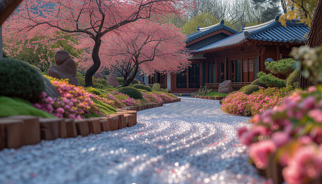 An inviting traditional Asian pavilion is framed by cherry trees in bloom, with a stunning pebble pathway leading the way.