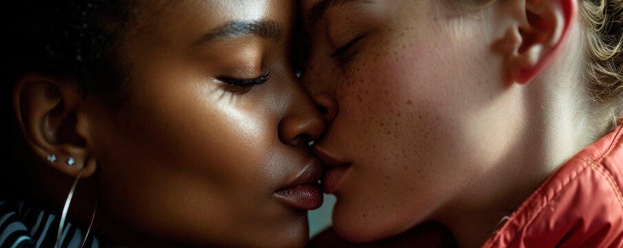 Sexy lesbian lovers kissing, foreplay. Closeup of pair women mouths kissing. Sensual lips kisses of two beautiful sexy lesbian women on a dark background. AI generated.