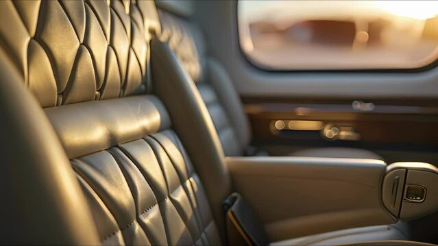 The level of detail in the stitching on these leather seats is a reflection of the utmost attention to quality and design in this private jet, while the stunning skyline outside reminds you