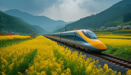 A sleek high-speed train races along tracks bordered by stunning yellow flower fields with misty mountains in the background.
