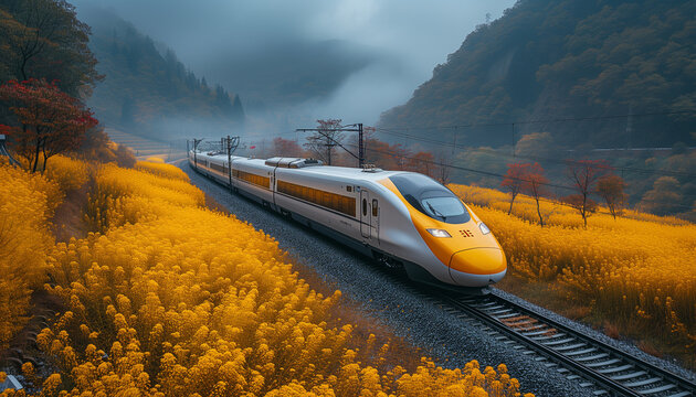 A sleek high-speed train races along tracks bordered by stunning yellow flower fields with misty mountains in the background.