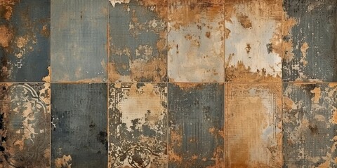Old brown gray rusty vintage worn shabby patchwork motif tiles stone concrete cement wall texture background banner, Generative AI 