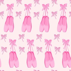 Seamless pattern on pink background of pointe shoes and white bows. for fabric print for young ballerinas.